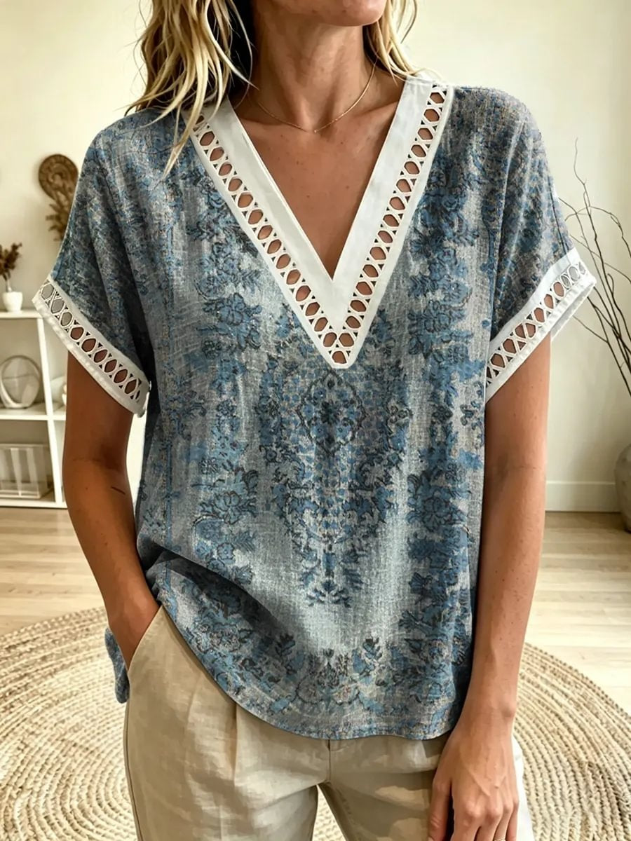 Women's Ethnic Floral Print V-Neck Cutout Trim Short Sleeve Top