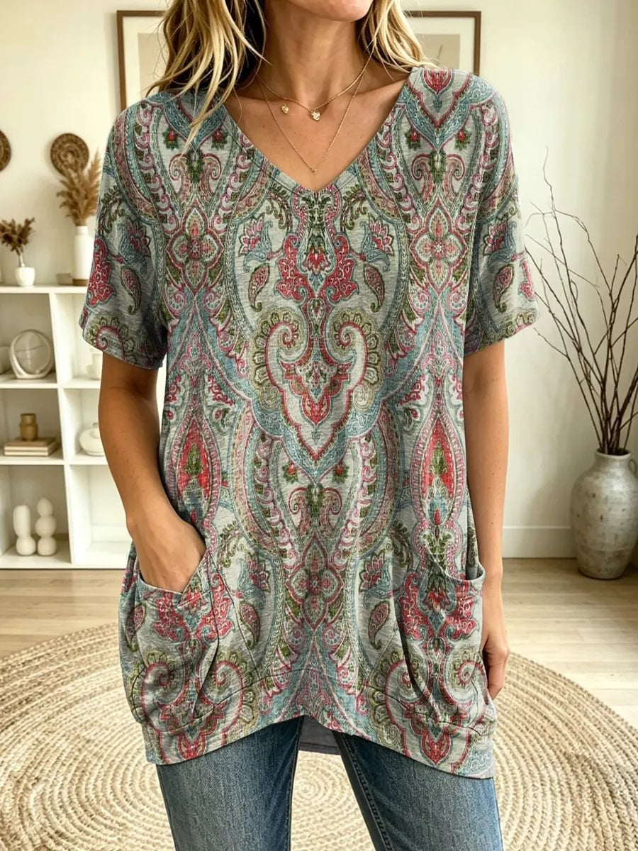 Women's Paisley Print V-Neck Short Sleeve Tunic Top With Pockets