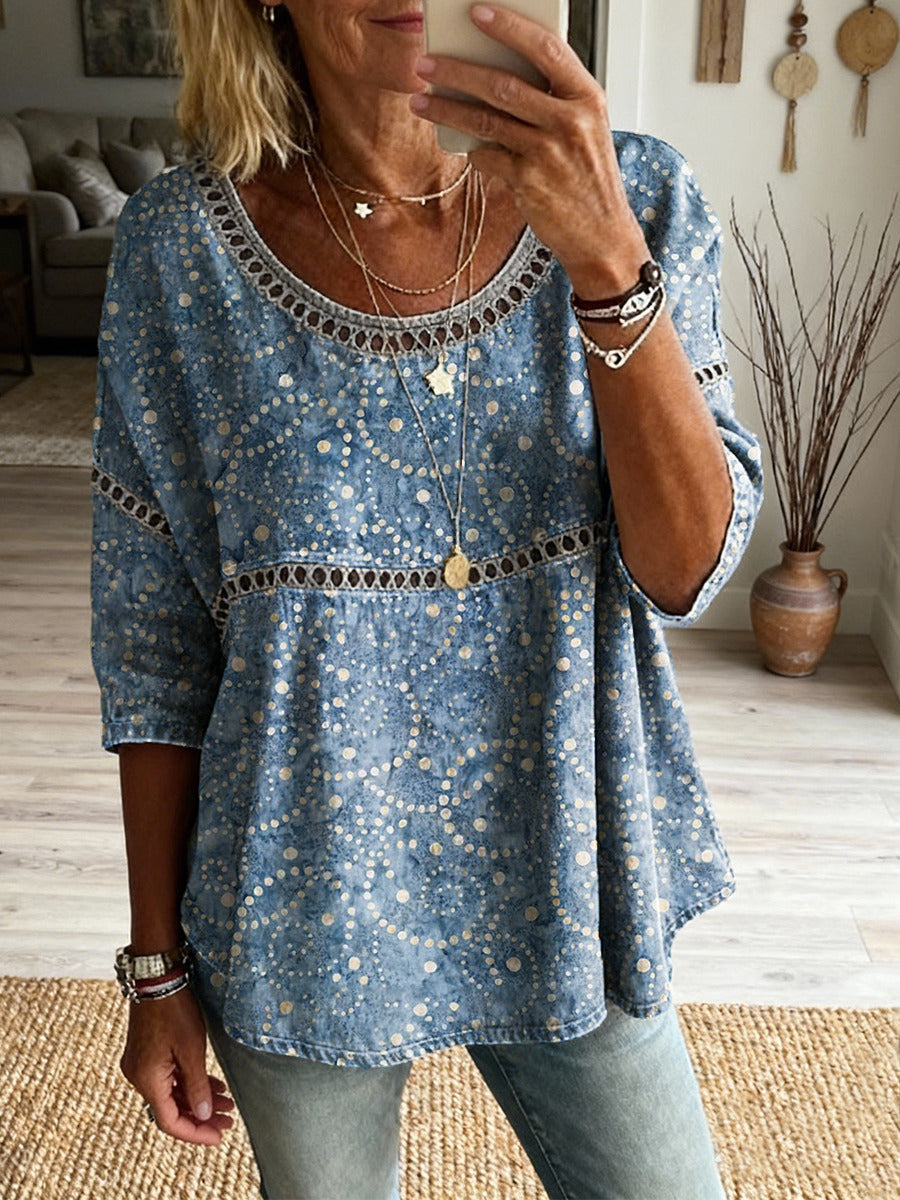 Women's Retro Ethnic Polka Dot Art Print Casual Round Neck Hollow-out Cotton Linen Top