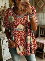 Women's Folk Floral Art Print Round Neck Short Sleeve Hollow-Out Shirt