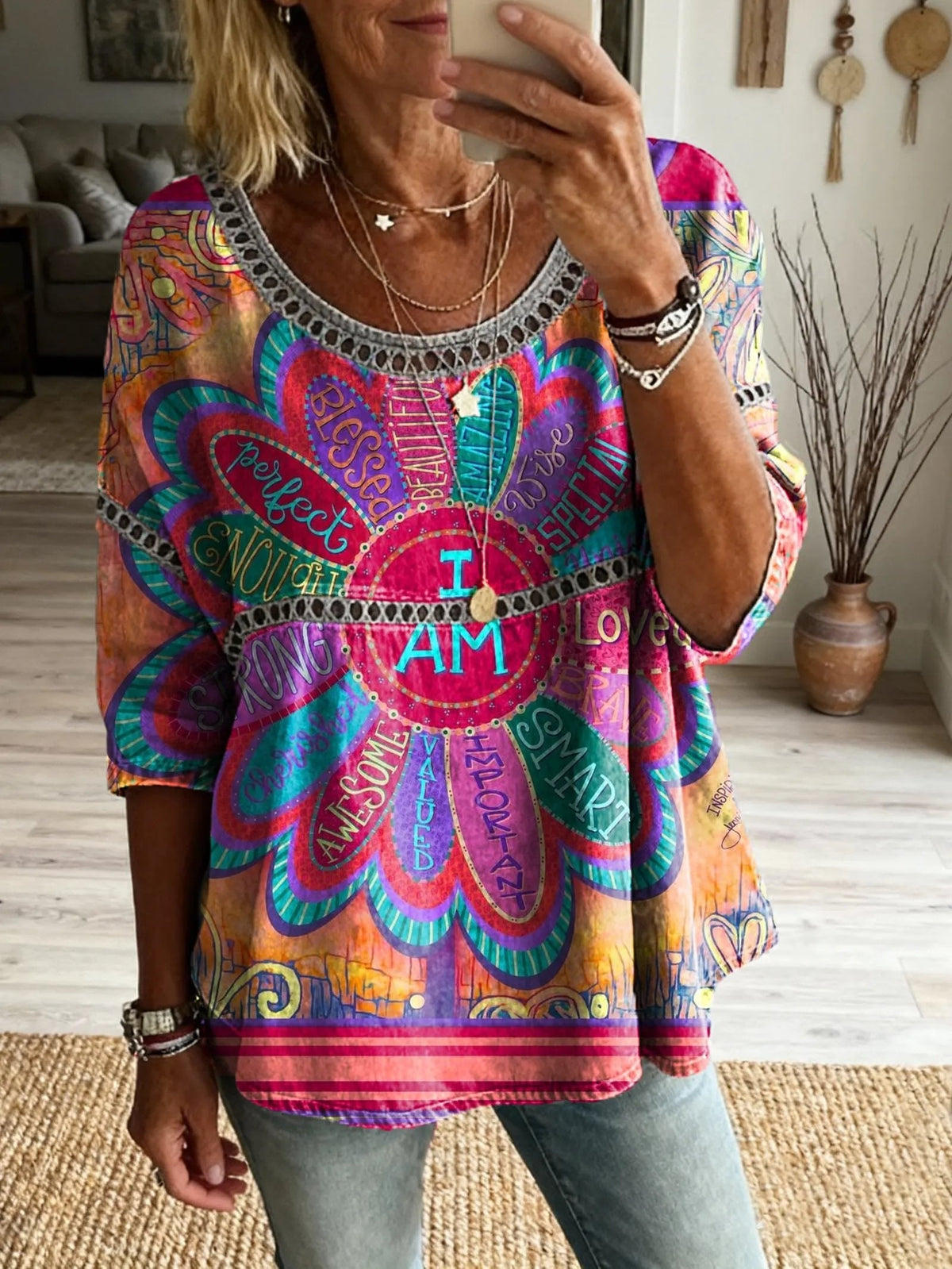 Women's Retro Oil Painting Colorful Petal Art Print Casual Round Neck Hollow-out Top