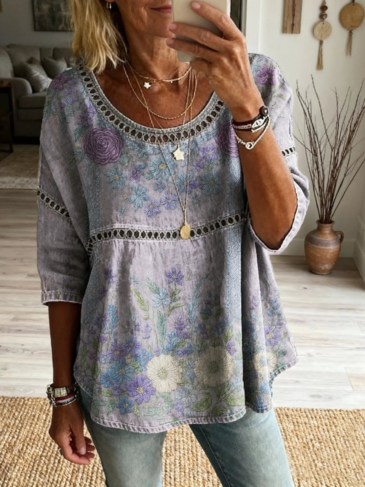 Women's Floral Pattern Art Print Casual Round Neck Lace-up Top