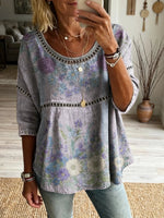 Women's Floral Pattern Art Print Casual Round Neck Lace-up Top