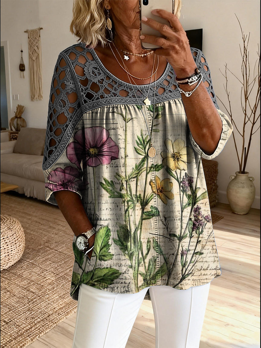 Women's Retro Floral Art Print Casual Three-quarter Sleeve Round Neck Hollow-out Top