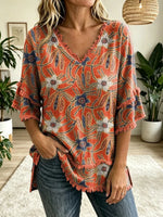Women's Folk Floral Art Print V-Neck Tasseled Cotton Top