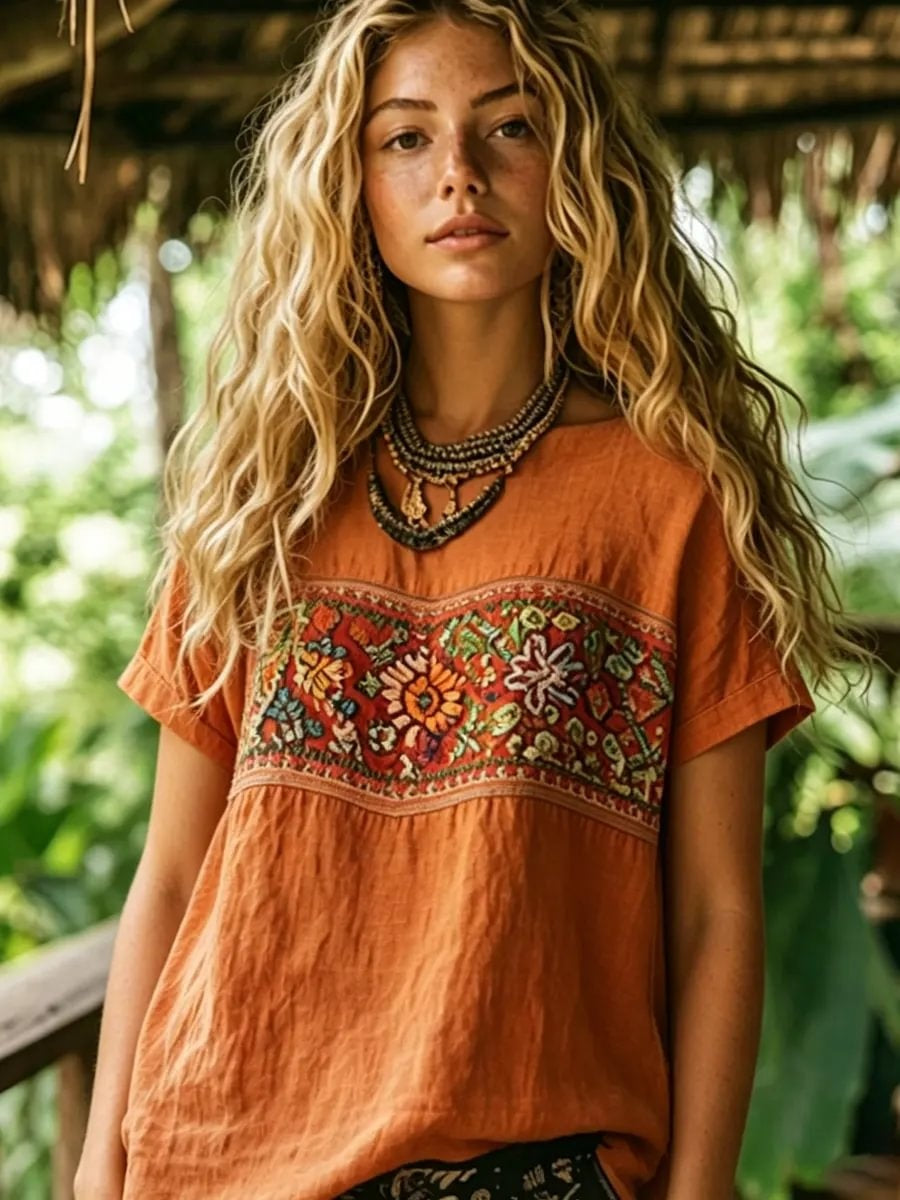 Women's Ethnic Floral Print Short Sleeve Cotton Linen Blouse