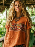 Women's Ethnic Floral Print Short Sleeve Cotton Linen Blouse