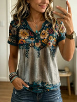 Women's Retro Ethnic Floral Print Casual Short-sleeve T-shirt