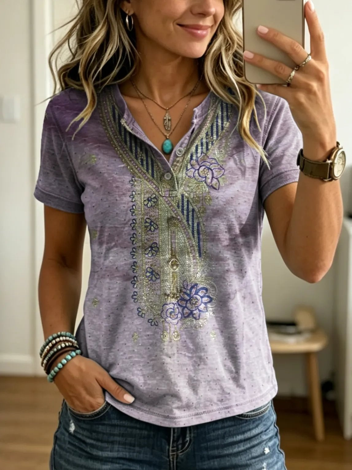 Women's Retro Ethnic Floral Print Casual Short-sleeve T-shirt