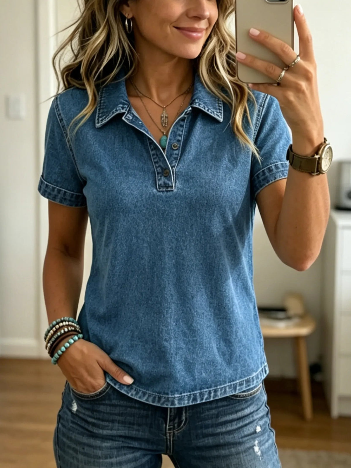 Women's Casual Short-sleeve Shirt With Collar