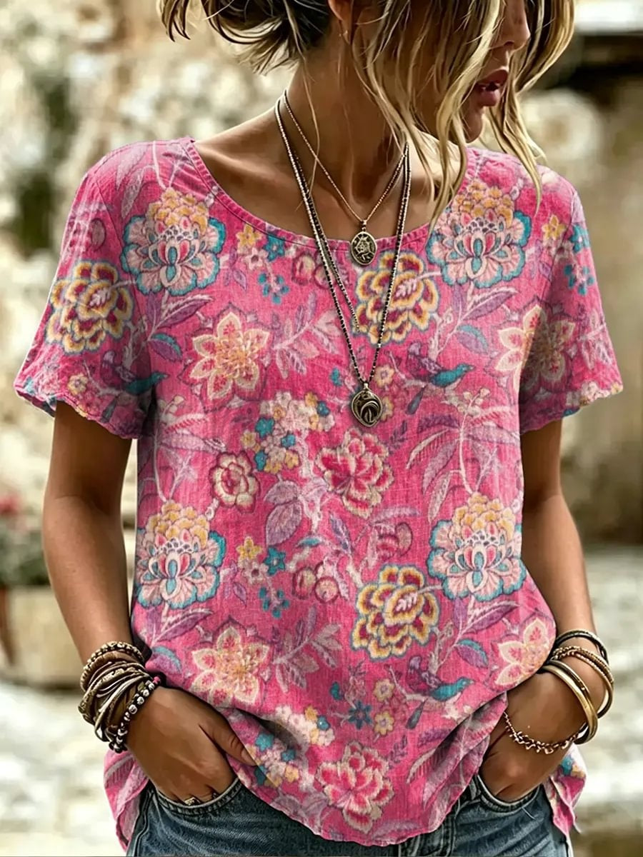 Women's Boho Floral Print Round Neck T-Shirt
