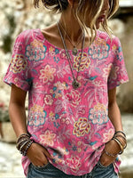 Women's Boho Floral Print Round Neck T-Shirt