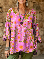Women's Vintage-Style Pink Floral Art Print Casual Top