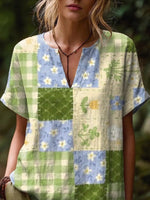 Ethnicity Bohemia Flowers Patchwork Women's Art Print Casual Short-sleeve V-neck Cotton Linen Shirt