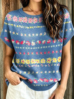 Women's Floral Fair Isle Print Short Sleeve Knit Sweater