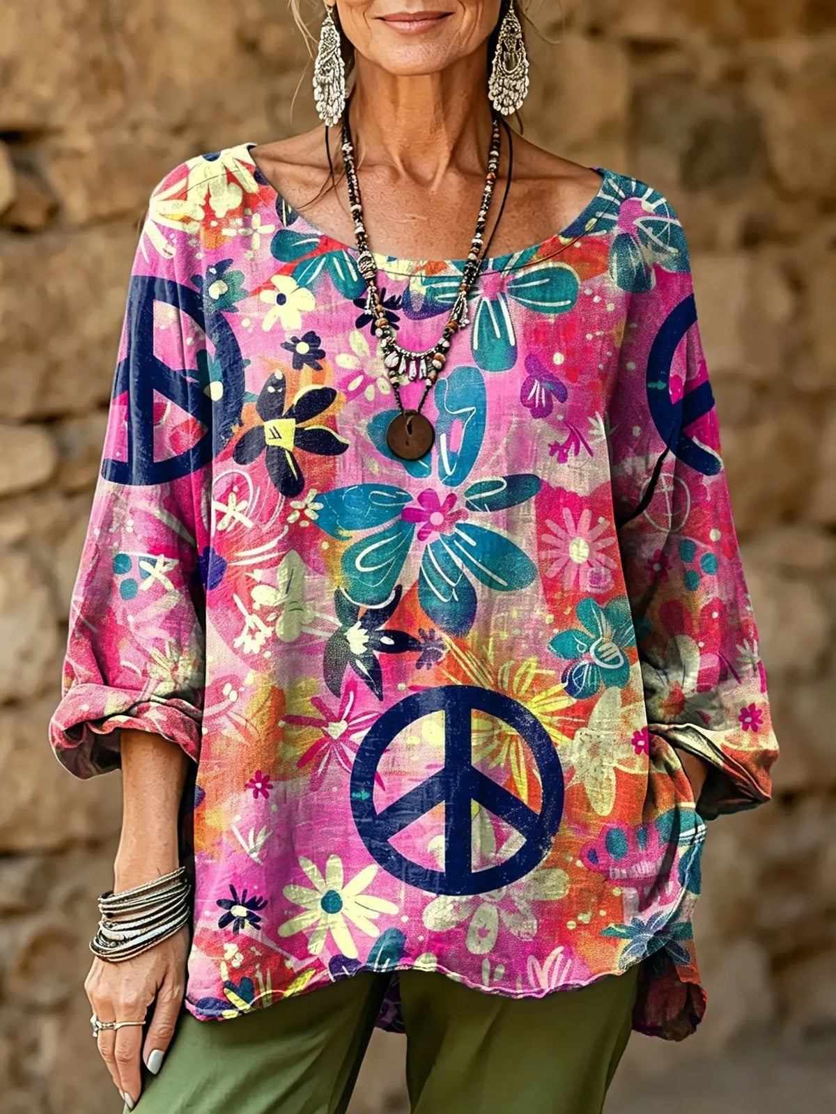 Women's Retro Hippie Floral Art Print Casual Fashion Top