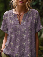 Ethnicity Flowers Women's Art Print Casual Short-sleeve V-neck Cotton Linen Shirt