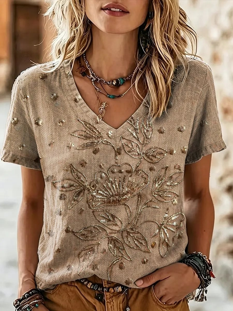 Women's Metallic Floral Art Print V-Neck T-Shirt