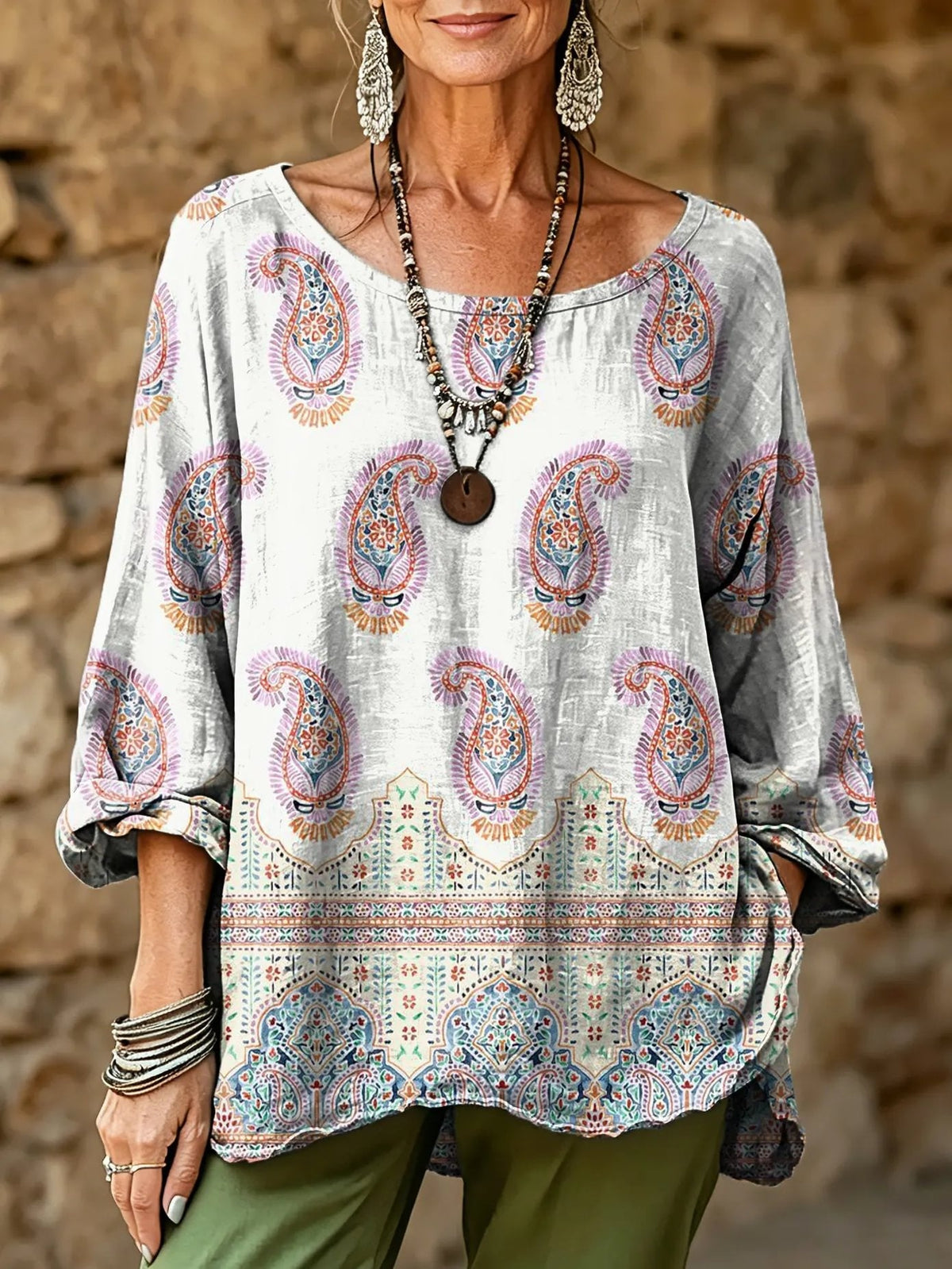 Women's Bohemian Paisley Ethnic Floral Art Print Casual Fashion Top