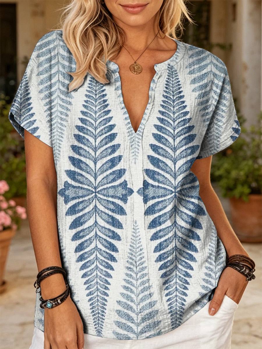 Women's Retro Ethnic Floral Art Print Casual Short-sleeve V-neck Cotton Linen Shirt