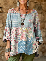 Women's Spliced Retro Floral Art Print Casual Fashion Top