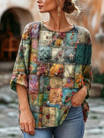 Women's Boho Patchwork Floral Print Linen Blouse