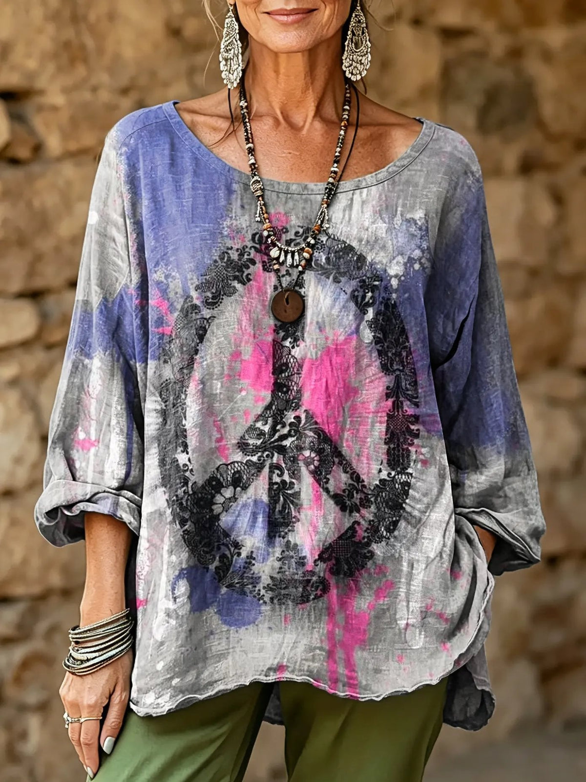 Women's Retro Oil Painting-Style Tie-Dye Hippie Art Print Casual Fashion Top