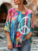 Women's Peace Sign & Floral Patchwork Print Linen Blend Blouse