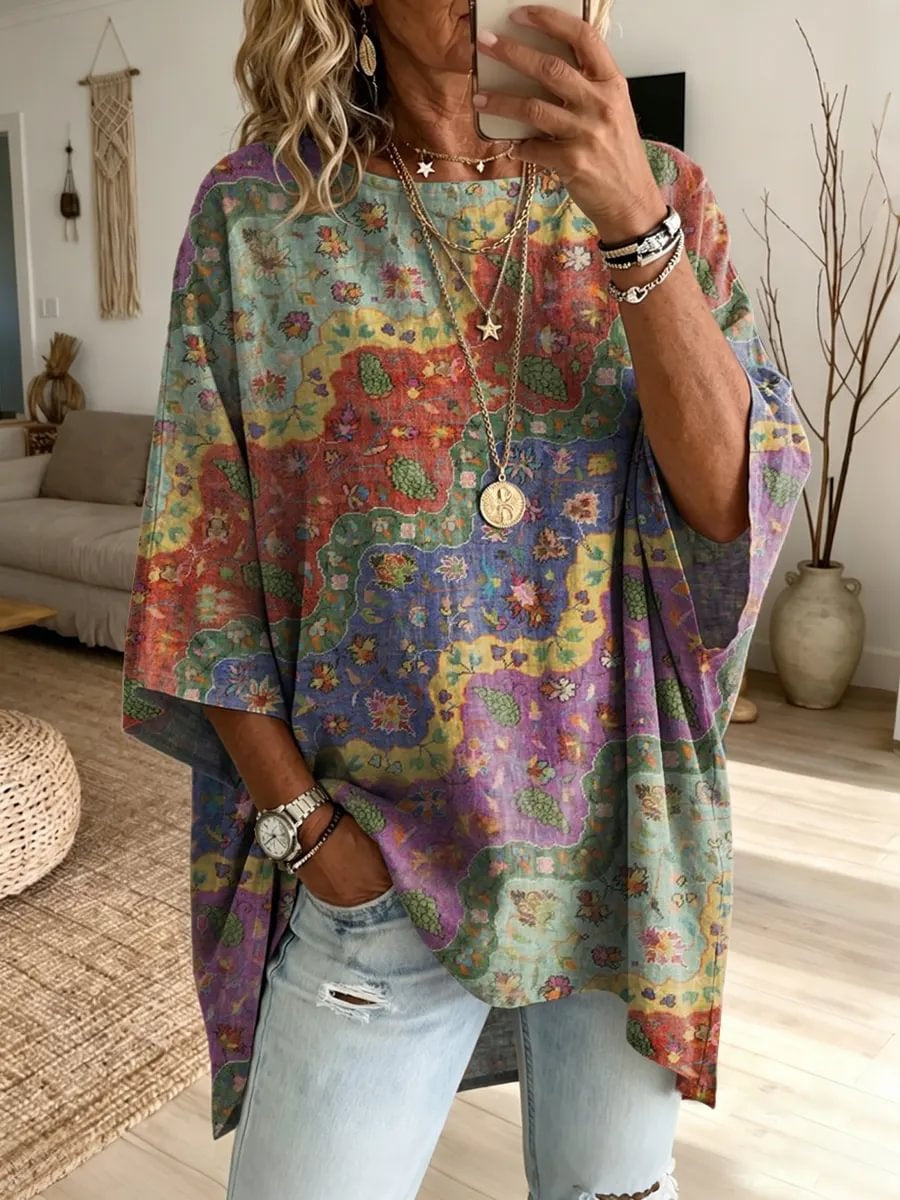 Retro Flowers Arc Women's Art Print Fashionable Loose Casual Top