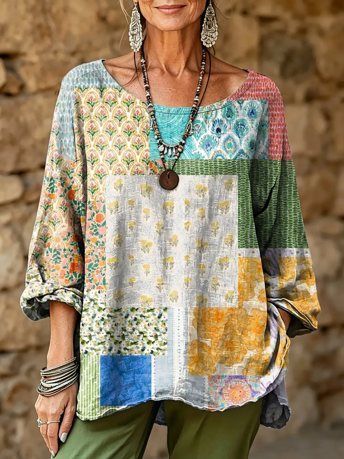 Women's Retro Patchwork Floral Art Print Casual Fashion Top