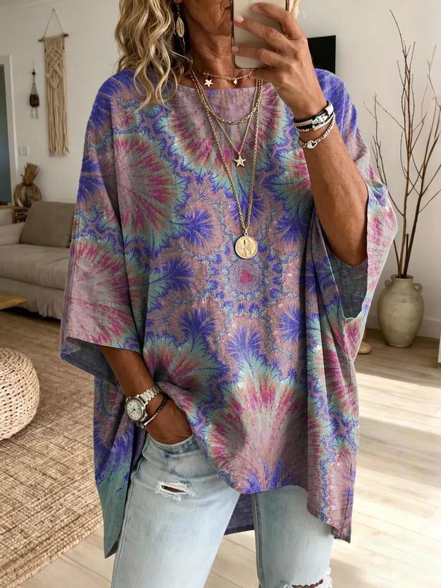 Retro Tie Dye Women's Art Print Fashionable Loose Casual Top