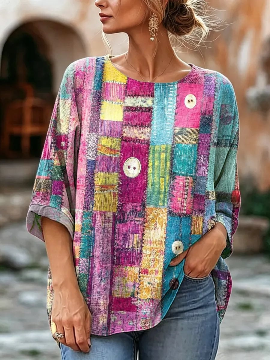 Women's Colorful Patchwork Print Linen Blend Blouse