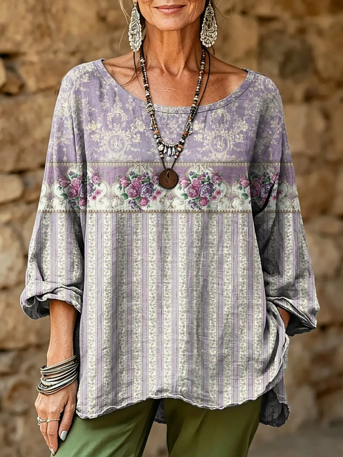Women's Retro Purple Ethnic Floral Art Print Casual Fashion Top