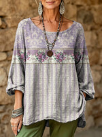 Women's Retro Purple Ethnic Floral Art Print Casual Fashion Top
