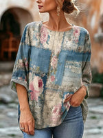 Women's Vintage Rose Patchwork Print Linen Blend Blouse