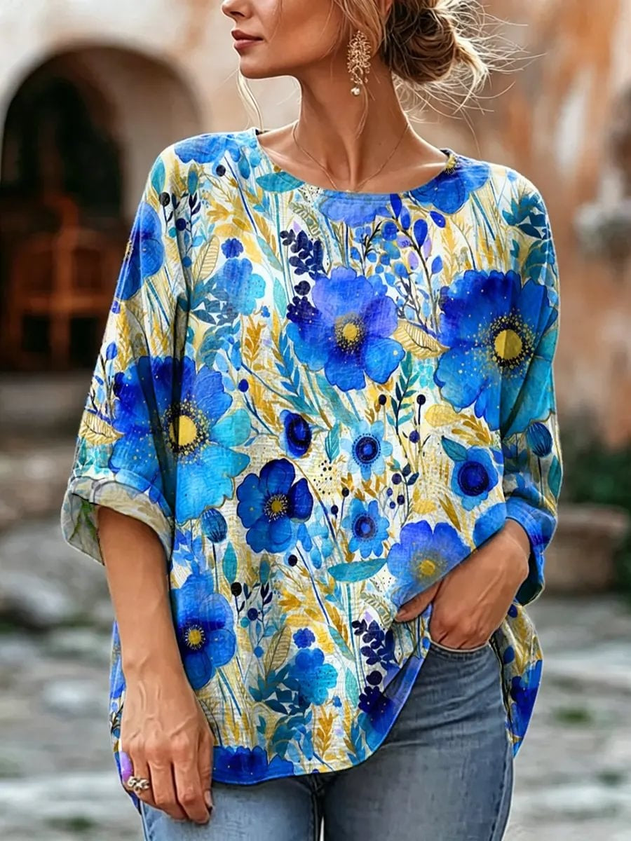 Women's Floral Watercolor Print Linen Blend Blouse
