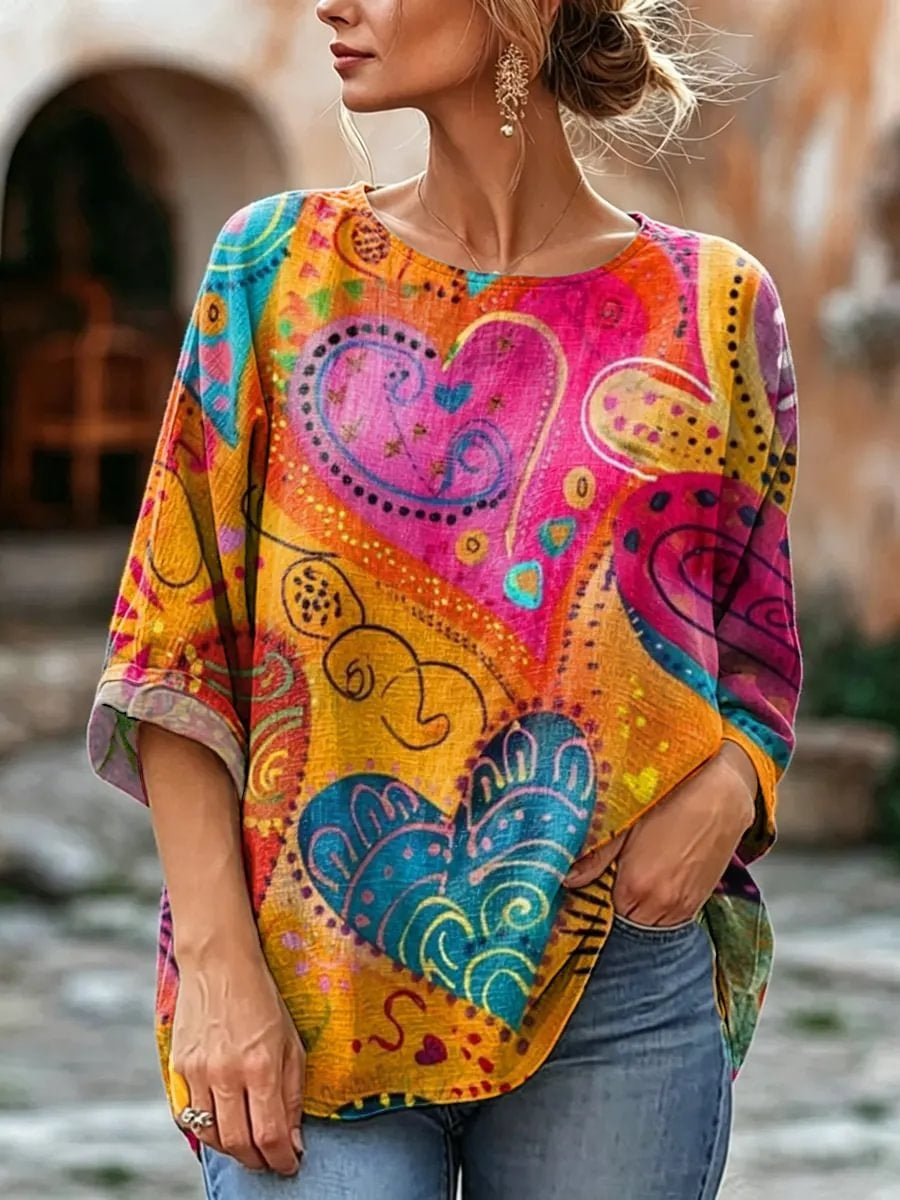 Women's Colorful Abstract Heart Print Linen Blend Blouse