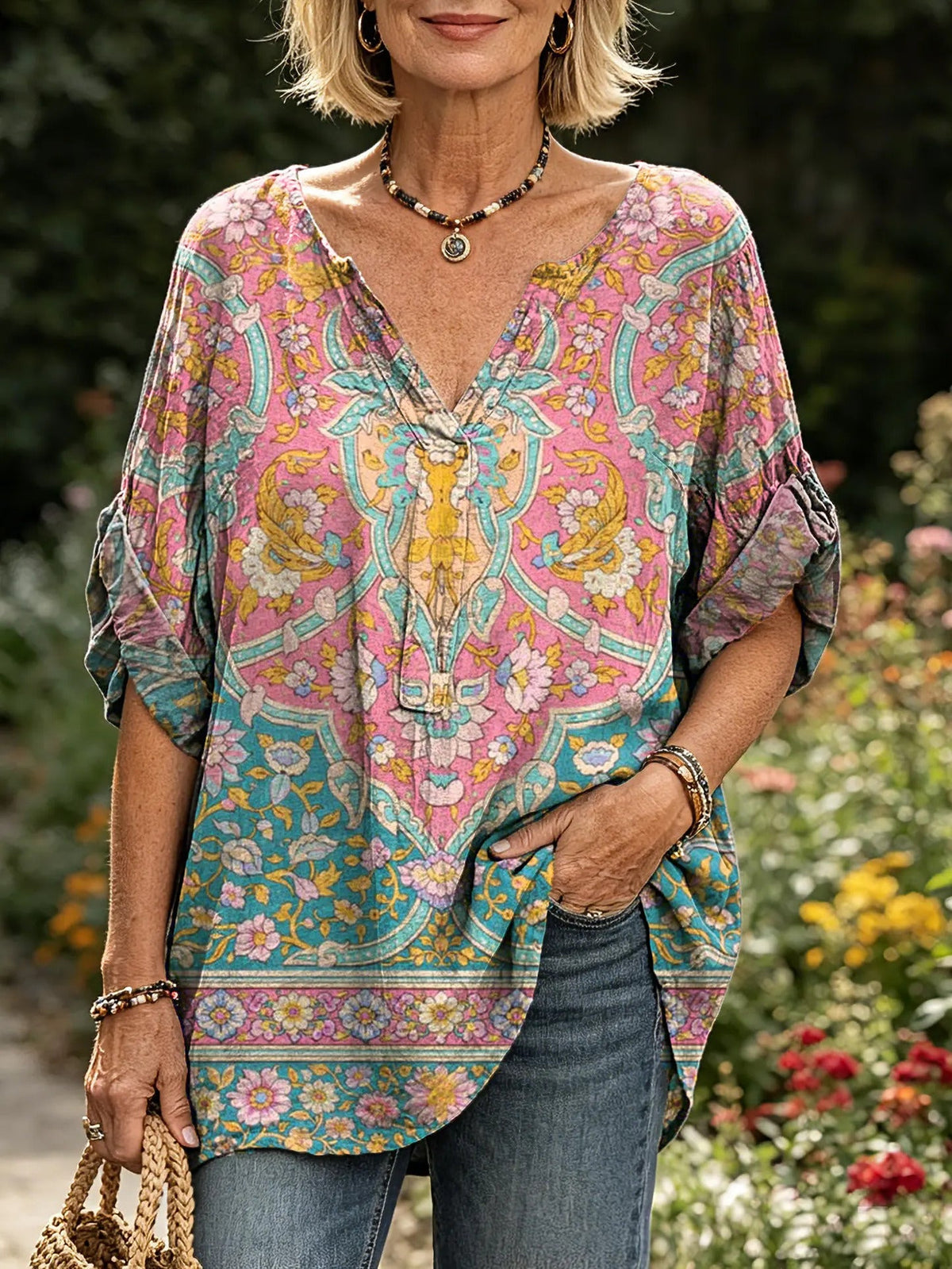 Women's Vintage Persian Floral Print Boho V-Neck Blouse
