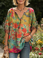 Women's Watercolor Floral Print Rolled Sleeve V-Neck Blouse