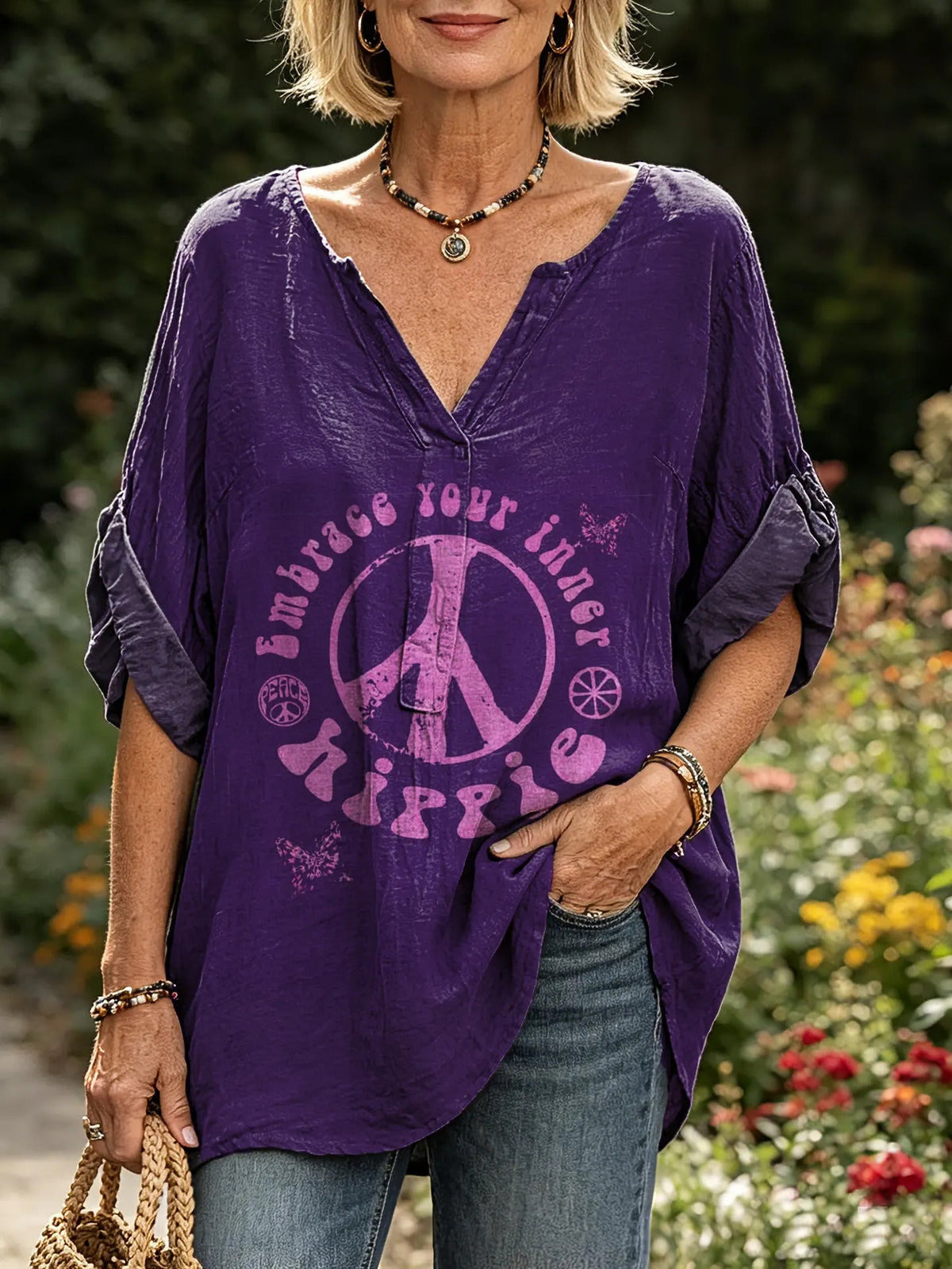 Women's "Embrace Your Inner Hippie" Peace Sign Print Blouse