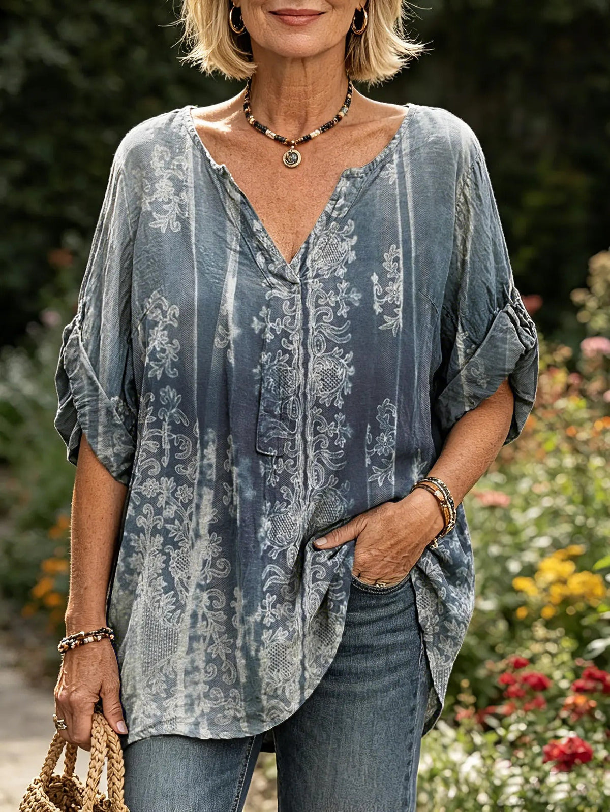 Women's Indigo Blue Vintage Floral Print Rolled Sleeve Top