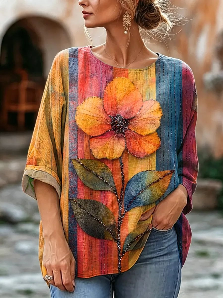 Women's Rainbow Stripe & Single Floral Art Print Linen Blend Blouse