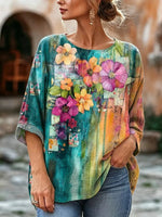 Women's Floral Watercolor Print Linen Blend Blouse