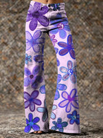 Women's Green Cute Floral Hippie Art Printed Casual Slim Denim Wide Leg Pants
