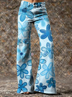 Women's Green Cute Floral Hippie Art Printed Casual Slim Denim Wide Leg Pants
