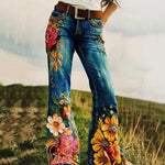 Retro Art Floral Print Western Jeans