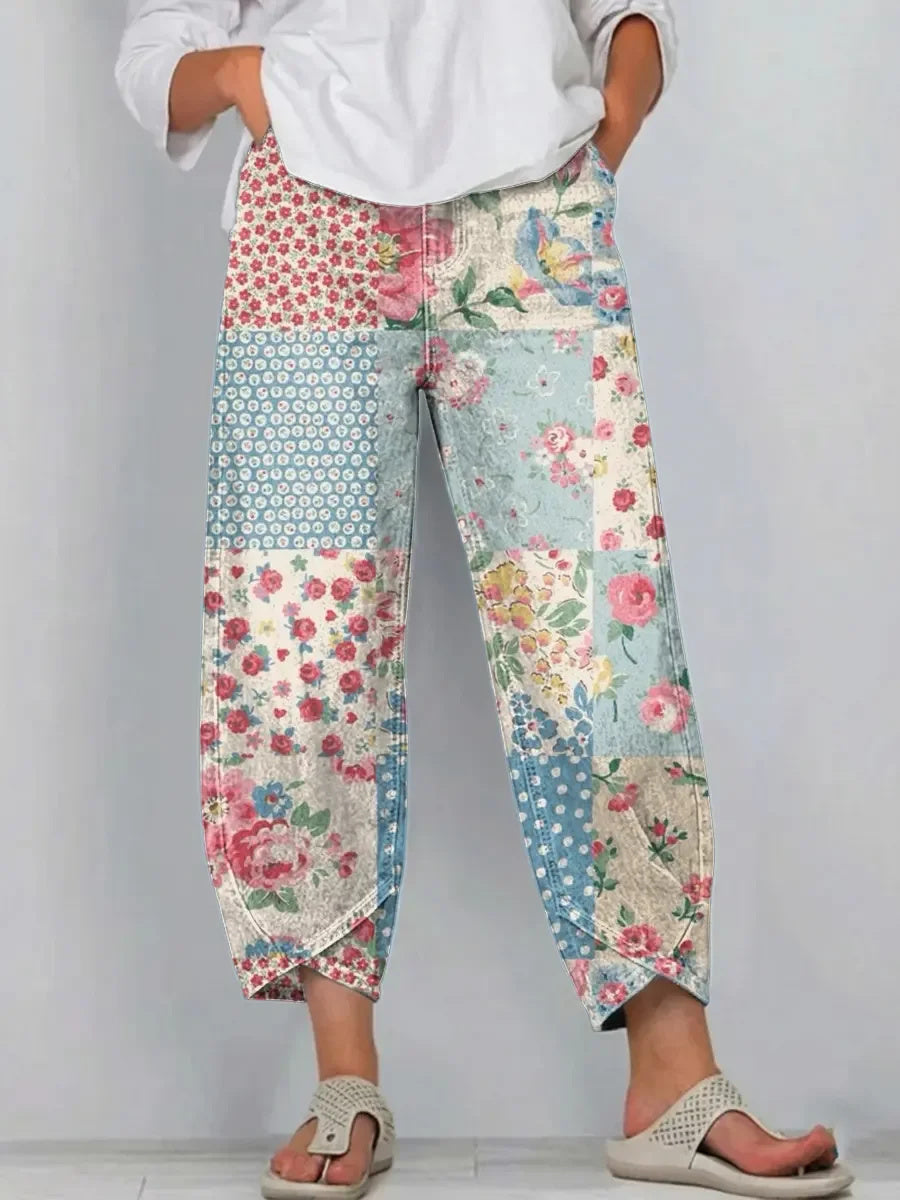 Women's Retro Floral Patchwork Art Print Jeans