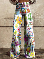 Women's Peace Love Flowers Print Casual Wide Leg Pants