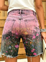 Women's Pink Sunset Wildflower Print Frayed Denim Shorts