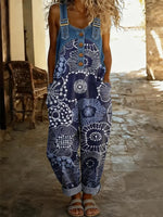Women's Vintage Floral Art Print Washed Cotton Denim Patchwork Jumpsuit
